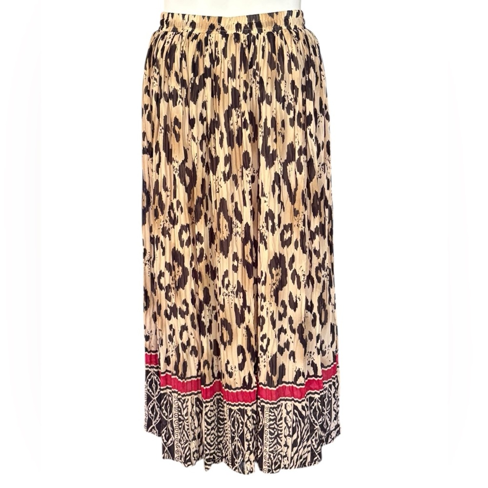 Alfred Dunner Leopard Print Pleated Maxi Skirt with Red Accent Sz 12